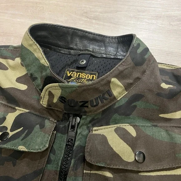 Vanson x Suzuki Leather Camo Motorcycle Biker Quad Runner USA Jacket
